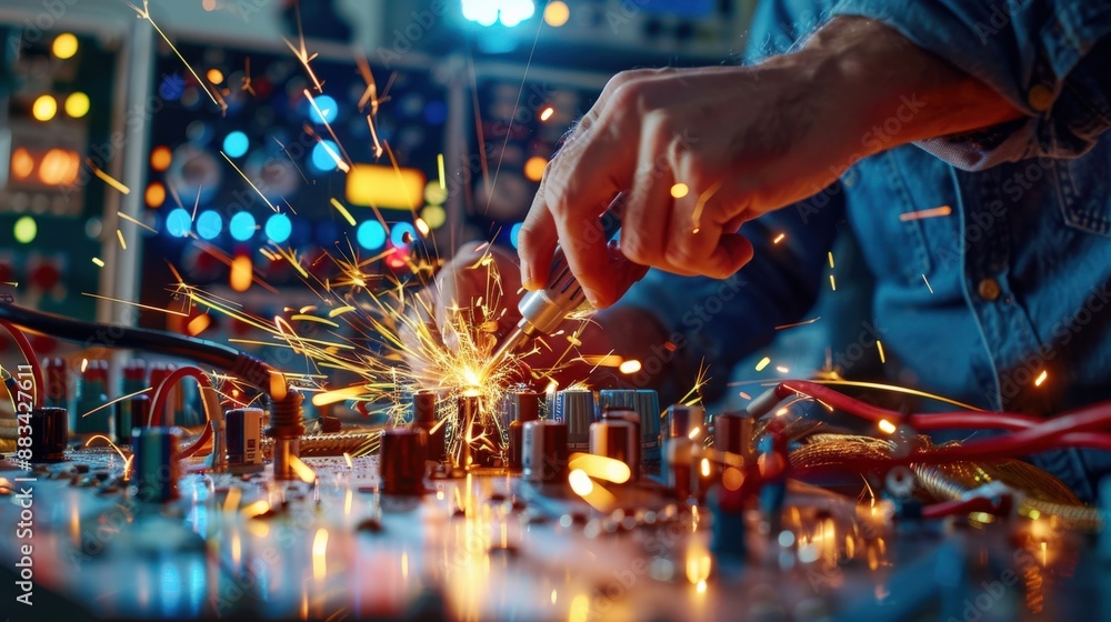 Poster a man is working on a computer board with sparks flying. concept of excitement and energy as the man
