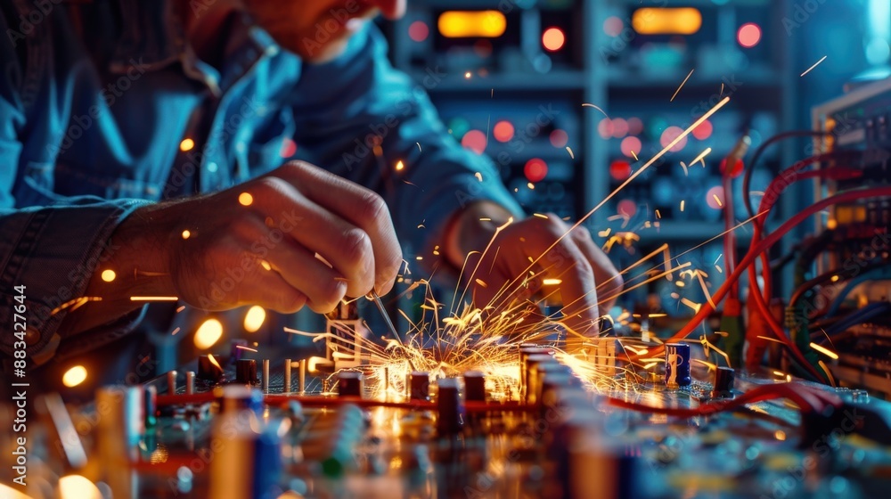 Poster a man is working on a computer board with sparks flying. concept of excitement and energy as the man