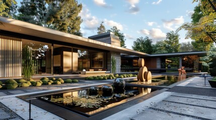 Obraz premium Suburban Mid-Century Modern home with an architectural focus on horizontal lines, incorporating a water feature and modern sculptures