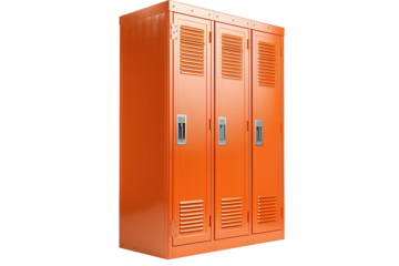 Orange metal lockers with three doors and ventilation slots. A classic school locker design.