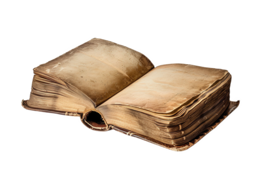 An open antique book with yellowed pages and a worn leather cover. The book is isolated on a PNG dicut