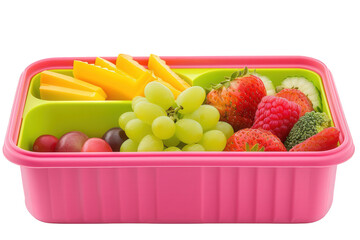 A pink lunch box filled with fresh fruit and vegetables