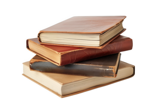 A stack of four well-worn, leather-bound books. The books are arranged neatly, with the oldest on top.