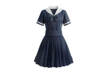 Back to School A classic navy blue sailor dress with a white collar and bow. The dress has short sleeves and a full skirt.