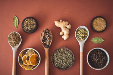 Ginger, spices and ingredients for meal, food and wooden spoons on studio background. Empty, kitchen utensils and mockup space with seasoning, variety and organic with fine dining, flavor and herbs