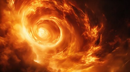 Obraz premium Vivid and dynamic artistic depiction of a fiery vortex, swirling with intense orange and yellow hues, and surrounded by luminous flames and clouds.