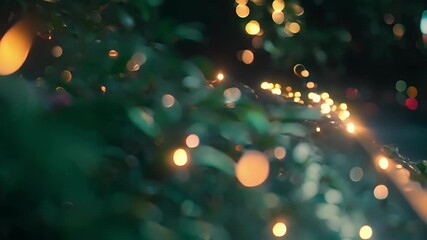 A blurred streak of lights amidst a backdrop of beautiful foliage in a bustling city garden.