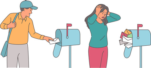 Puzzled woman looking at overflowing spam mailbox, standing near cheerful postman. Problem of spam and sending unnecessary correspondence causes stress and surprise in girl who forgot to check email