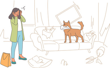 Unmannered dog that has robbed apartment stands on torn sofa near disappointed woman guardian. Playful dog broke and chewed furniture in house due to desire to play and excess energy.
