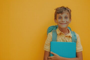 A young boy is smiling and holding a blue book. Back to school concept.