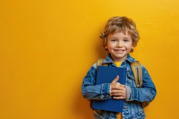 A young boy is holding a blue book and smiling. Back to school concept.