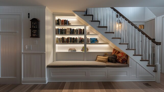 The hidden alcove beneath the staircase of a Suburban Cape Cod home, turned into a cozy reading nook with built-in bookshelves and soft lighting