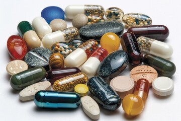 A bunch of pills are scattered on a white background