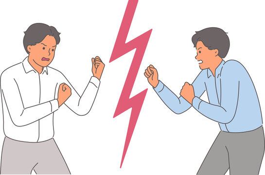 Conflict of business people fighting for right to get new position or salary increase. Conflict among office clerks who quarreled over disagreements or lack of objective job evaluation system
