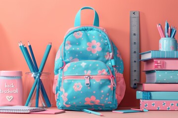A blue backpack with flowers on it sits on a table next to a ruler. Back to school concept.