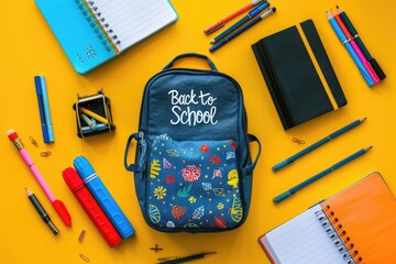 A blue backpack with the words "back to school" on it sits on a table with vario. Back to school concept.