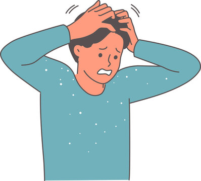 Dandruff falls from hair of man scratching head due to itching caused by using low-quality shampoo. Guy suffers from flaky skin or dandruff, leaving stains on clothes, due to dermatological problems