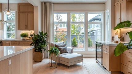 Open living room with contemporary kitchen, light wood cabinetry, quartz countertops, cozy armchair, large windows, and indoor plants.