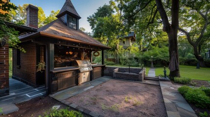 Obraz premium The historic smokehouse restored as a barbeque pit on the grounds of a Suburban Victorian home, used for community gatherings and culinary events