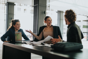 Group of business professionals sharing laughs and ideas during a casual office meeting. Positive...