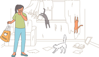 Cats created chaos at home due to rabies infection, and are running around astonished woman owner with bag from pet store. Untrained pets scattered things in apartment, girls sheltered street cats