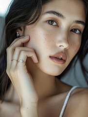 Woman wearing earrings and diamond ring