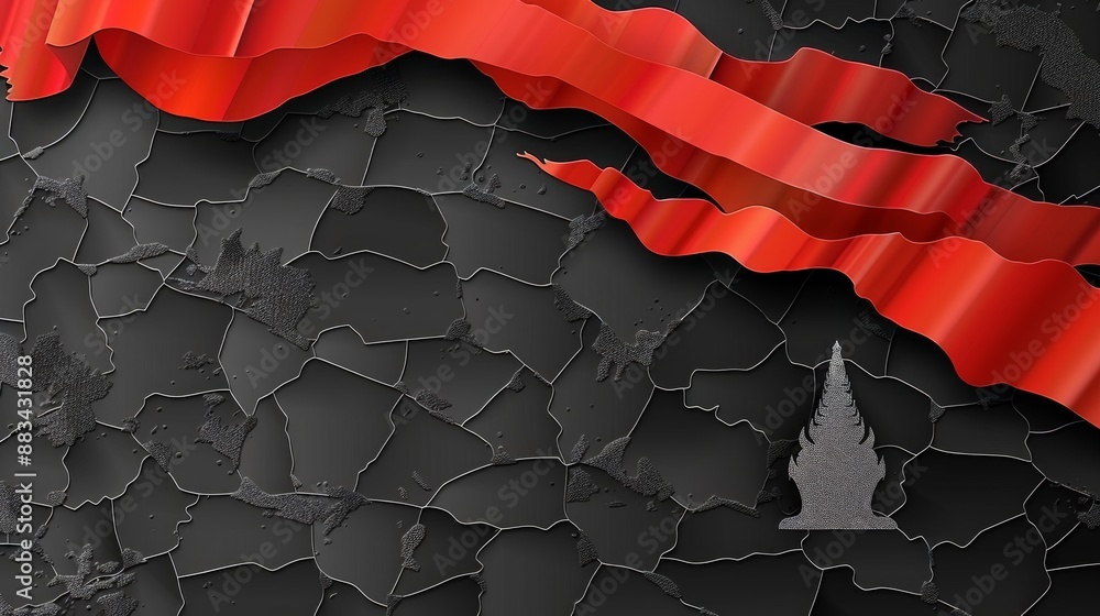 Poster red ribbon representing a flag drapes over a textured world map.