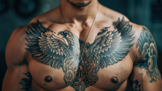 A man with a tattoo of a flower on his chest