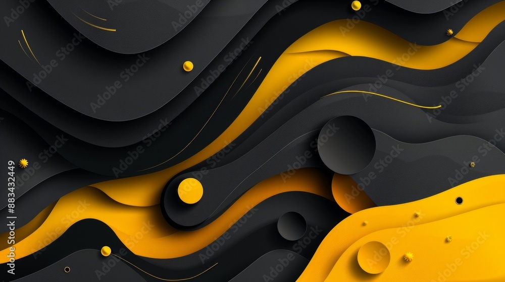 Aufkleber abstract digital artwork featuring layers of black and yellow paper creating a wavy pattern.