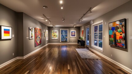 Suburban Modern art gallery within a home, featuring a curated collection of contemporary pieces and gallery lighting