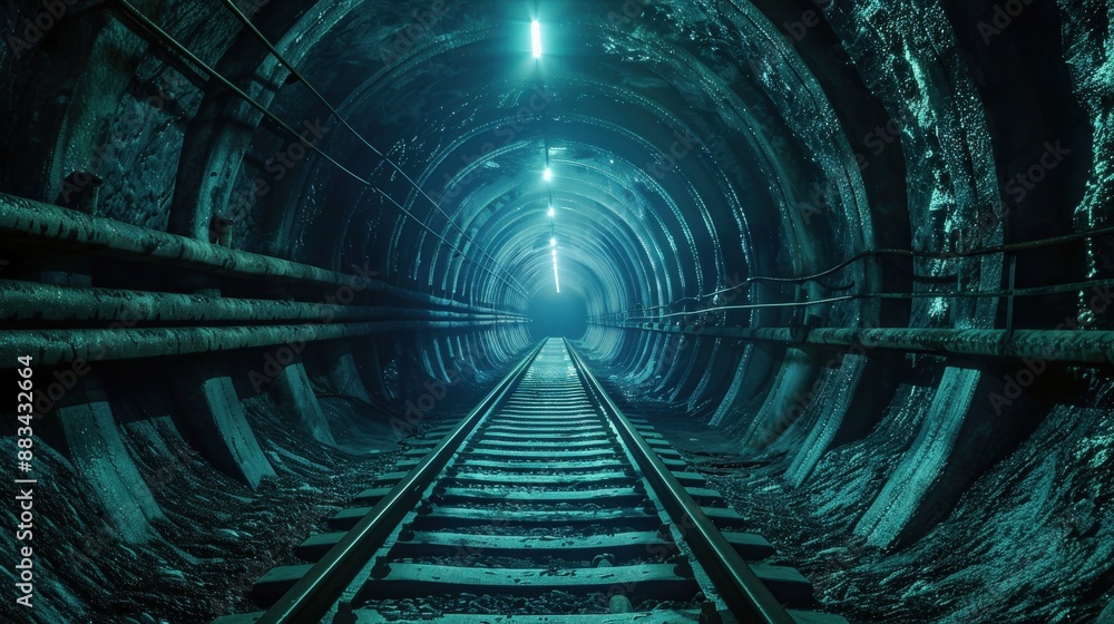 Poster a tunnel with a green light shining down on it. the tunnel is long and narrow, with a train track ru
