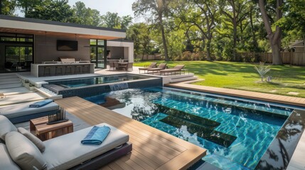 Fototapeta premium Suburban Modern backyard with a geometric pool, floating deck, and outdoor kitchen area