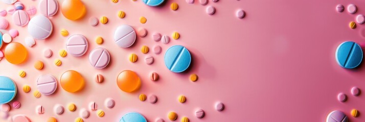 World Contraception Day. Horizontal banner. Female tablets of different shapes and colors on a pink background. Protection from unwanted pregnancy and disease. World Sexual Health Day. Copy space