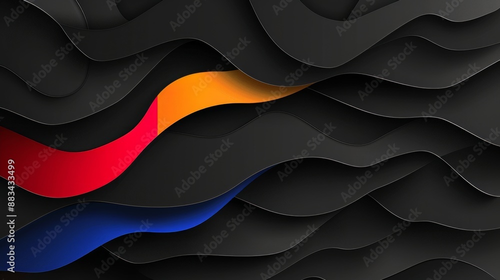 Poster digital rendering of abstract wavy paper with red, orange, and blue accents, creating a unique and v