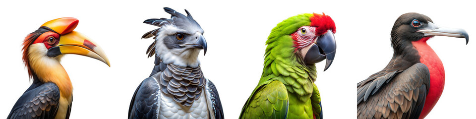 Fototapeta premium Diverse Exotic Birds in a Row on Transparent Background