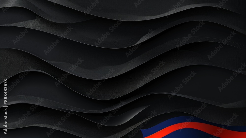 Poster close-up image of black paper with a wavy texture. the bottom edge features a subtle red and blue ac