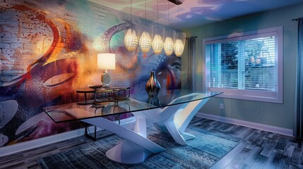 Suburban Modern dining room with a glass table, abstract lighting, and a mural wall