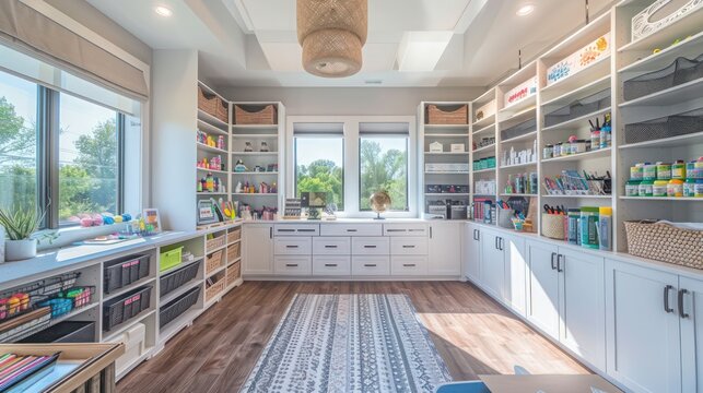 Suburban Modern craft room with organized storage solutions, ample natural light, and a creative atmosphere