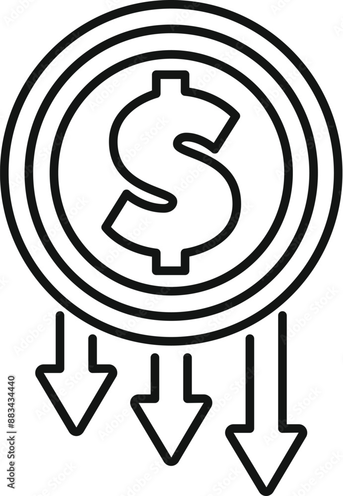 Poster line art icon of a dollar coin with three arrows pointing down, representing a decrease in value