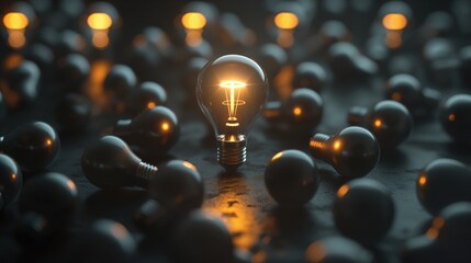 A glowing light bulb surrounded by numerous unlit light bulbs in a dark setting, symbolizing innovation and standing out.