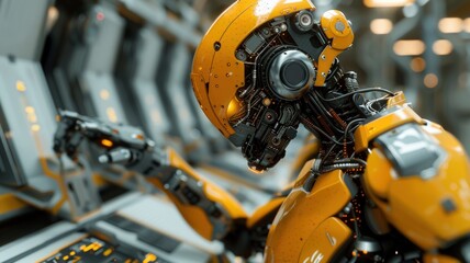 Fototapeta premium Futuristic Orange Robot Working at High-Tech Control Panel in Advanced Laboratory Setting with Complex Circuitry and Sophisticated Technology Designrobot