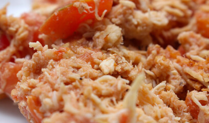 chicken with tomato. chicken prepared with tomato. chicken with selective focus. meal details. meal with selective focus.