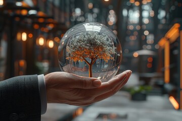 Fototapeta premium The image depicts a hand holding a transparent glass sphere with a miniature tree inside, set against a blurred background with modern, warmly lit architecture.hand