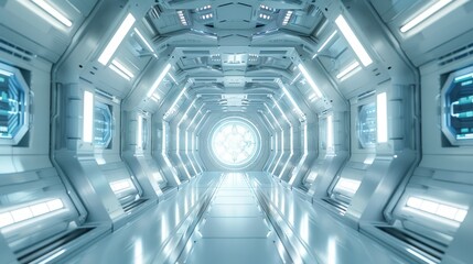 Obraz premium A futuristic spaceship interior door with holographic display panels, glowing with a cool white light, showcasing advanced technology and design.