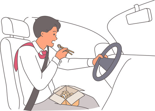 Rushing man driver eats noodles and drives car at same time, because of strict deadlines at work. Busy driver risks life and cannot interrupt job process for lunch due to busy business schedule