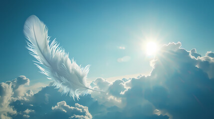 Feather floating in the sky surrounded by clouds and sunlight