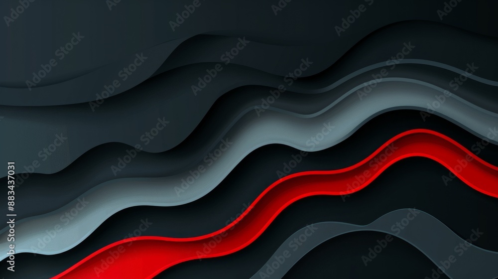 Poster abstract paper mockup with red and grey stripes in a wavy design, creating a dynamic and modern back
