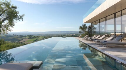 Obraz premium Suburban Modern home's infinity pool with a glass edge, deck loungers, and a panoramic view of the valley