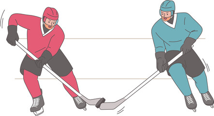 Fototapeta premium Men play hockey, trying to take puck from opponent with stick and score goal. Two hockey players from different teams participate in international tournament at winter sports olympics