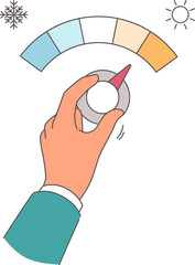 Person hand controls thermostat and increases supply of cold air in home or office. Adjusting thermostat as metaphor for controlling climate change and weather after change of season